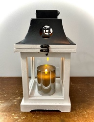 White Wooden Lantern w/ Flameless Candle From The Flower Loft, your florist in Wilmington, IL